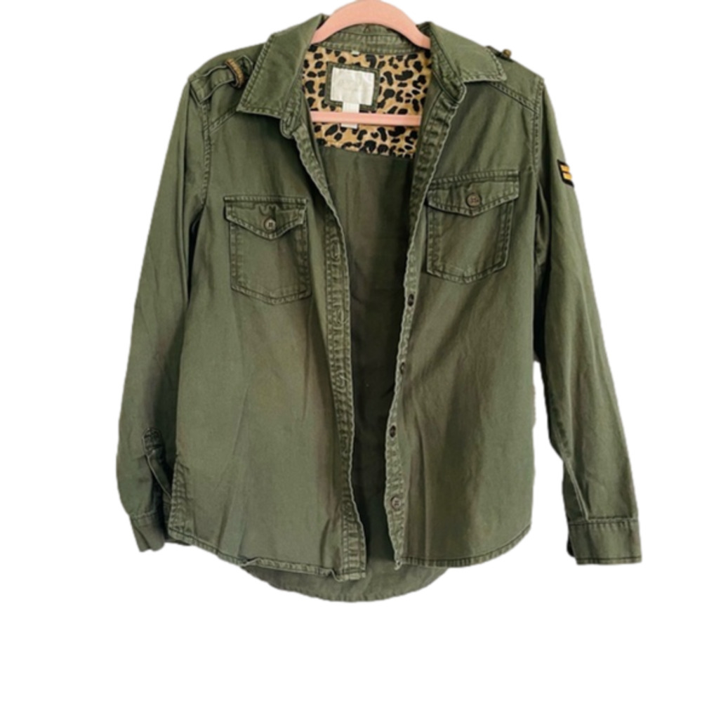 Olive Green Button Down Shacket Chevron Patch - image 1